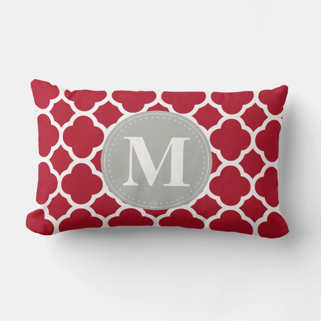 Grått Monogram Red Quatrefoil Mönster Lumbarkudde (Framsida)