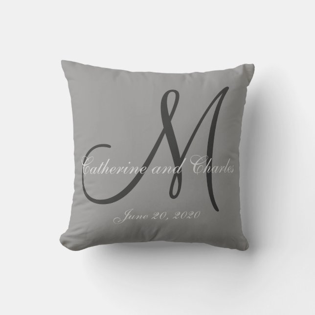 Grått Monogrambröllop Kudde (Framsida)