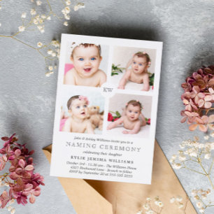 Grått Monogrammed Photo Collage Naming Ceremony Julkort