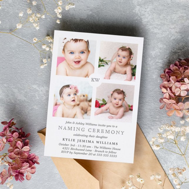 Grått Monogrammed Photo Collage Naming Ceremony Julkort (Skapare uppladdad)