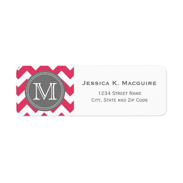 Grått Monogrammed Rosa Chevron Returadress Etikett (Framsidan)