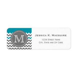 Grått Monogrammed Teal Blue Chevron Returadress Etikett