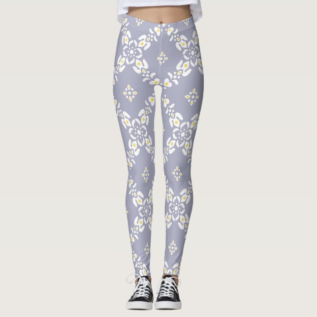 Grått mönster löv blommor leggings (Framsida)