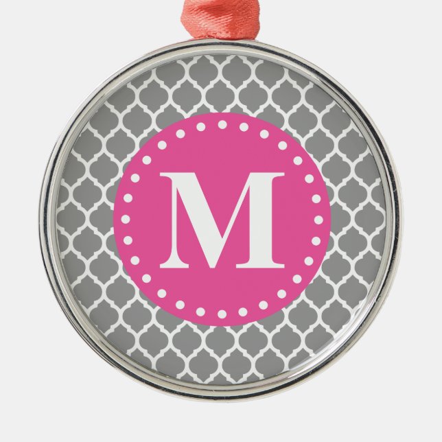 Grått Moroccan Lattice Rosa Monogram Julgransprydnad Metall (Framsidan)