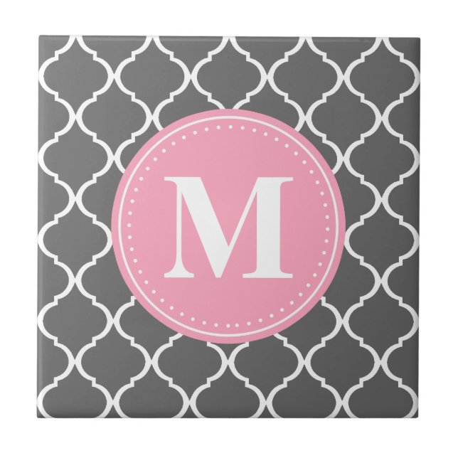 Grått Moroccan Lattice Rosa Monogram Kakelplatta (Framsidan)