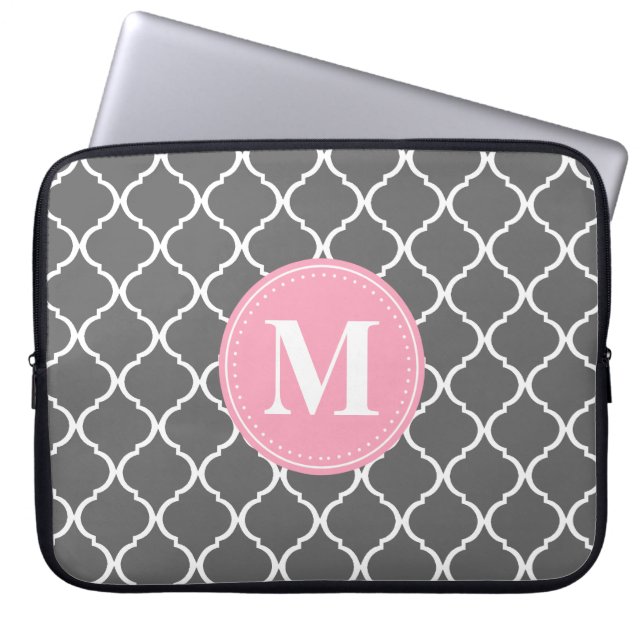 Grått Moroccan Lattice Rosa Monogram Laptop Fodral (Framsidan)
