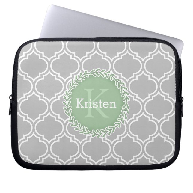 Grått Moroccan Tile Mönster Grönt Monogram Laptop Fodral (Framsidan)