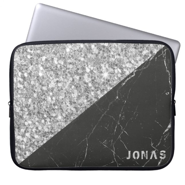 Grått Moukling Glitter Black Marble Laptop Sleeve (Framsidan)