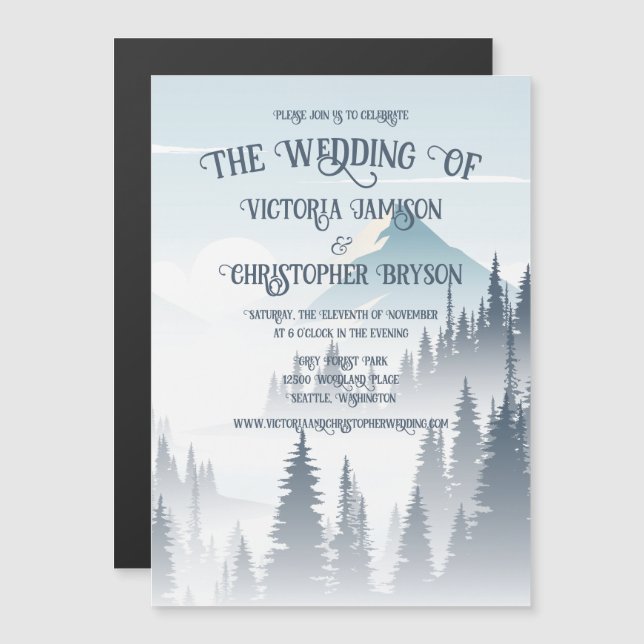 Grått Mountain Fog Forest Wilderness Winter Weddin Magnetisk Inbjudningskort (Fram/baksida)