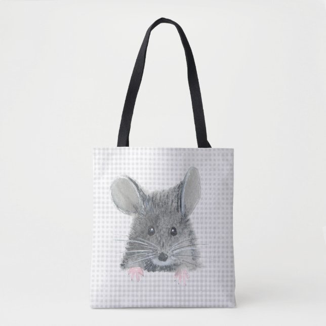 Grått Mouse på Gingham Tygkasse (Framsida)