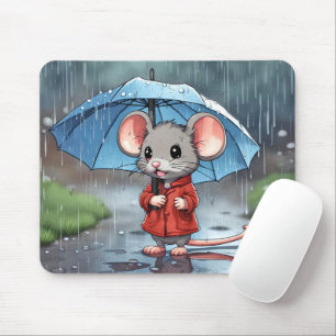 Grått-mus med paraplyer i regn musmatta