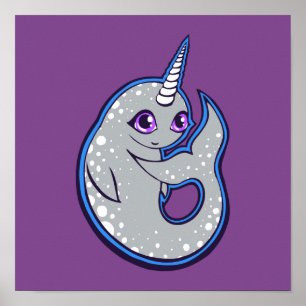 Grått Narwhale-val med dets Bläck Teckning-design Poster