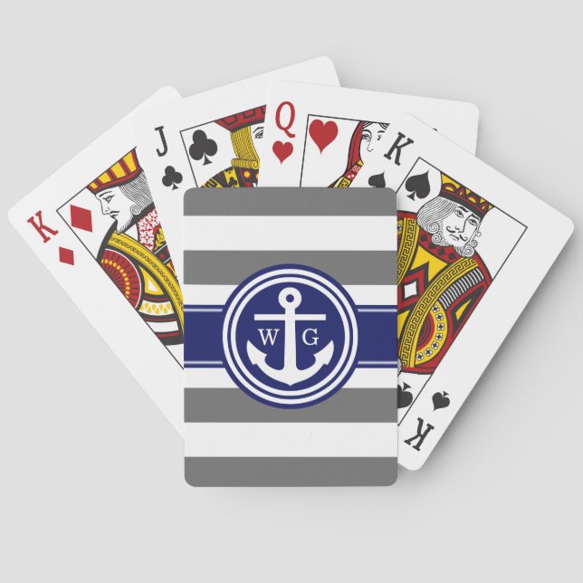 Grått Navy Preppy Randig Ankare Monogram Spelkort (Baksidan)