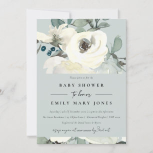 GRÅTT NEUTRALT IVORY WHITE BLOMMIGT BUNCH BABY SHO INBJUDNINGAR