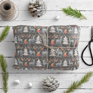 Grått Nordic Reindeer Julgran Blommigt Helgdag Presentpapper