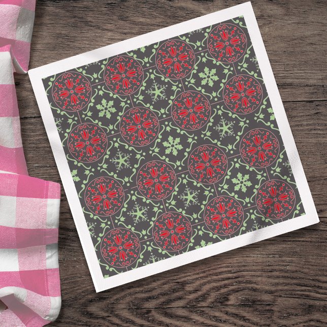 Grått Nordic Snowflake Winter Mönster Rustic Pappersservett (Charcoal gray Christmas snowflake pattern with red and sage accents.)