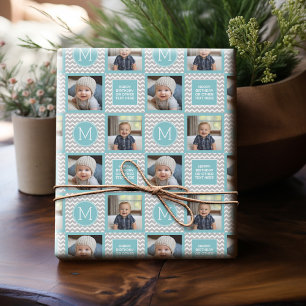 Grått och Aqua Blue Chevrons - Foto och Monogram Presentpapper