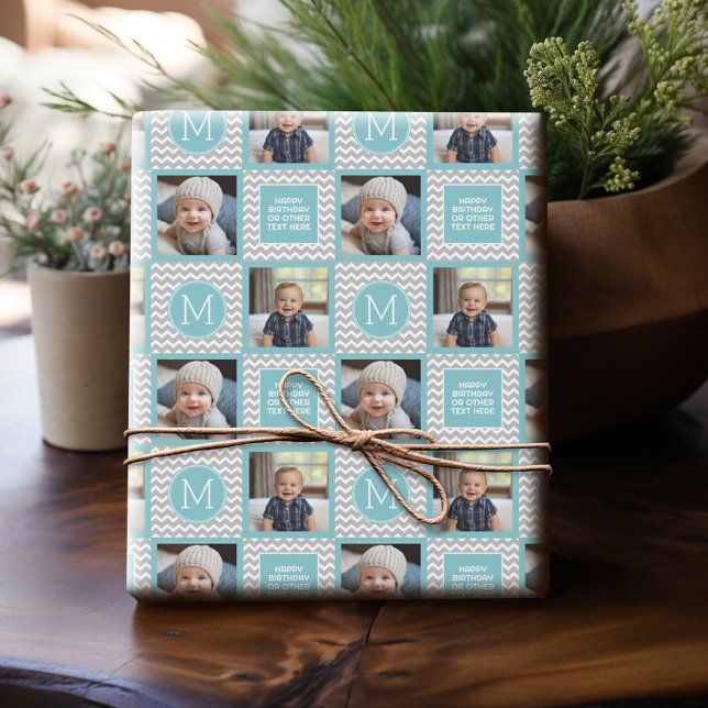 Grått och Aqua Blue Chevrons - Foto och Monogram Presentpapper (Personalized Photo Wrapping Paper)