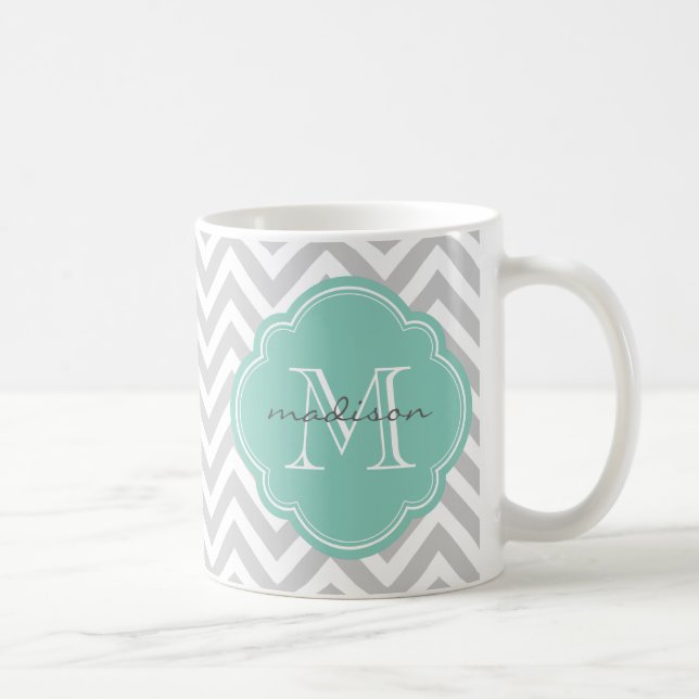 Grått och Aqua Chevron Anpassningsbar Monogram Kaffemugg (Höger)