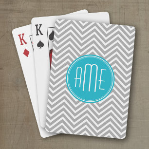 Grått och Aqua Chevron Mönster med Modern Monogram Kortlek