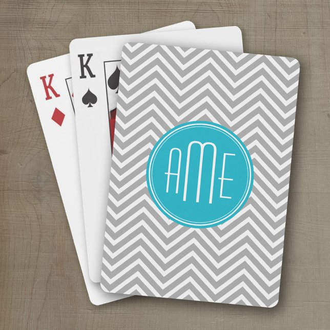 Grått och Aqua Chevron Mönster med Modern Monogram Kortlek (Personalized playing cards with a fun area to add text such as a name or monogram)