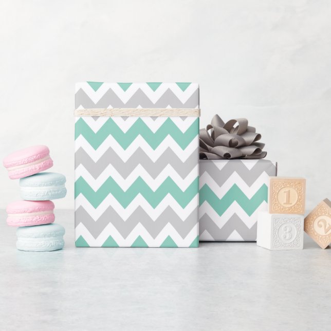 Grått och Aqua Zigzag Chevron Rand Presentpapper (Baby Shower)