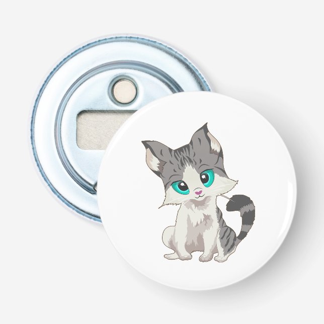Grått- OCH BEIGE LITTLE KITTEN MED BLUE ÖGA Flasköppnare (Framsidan)