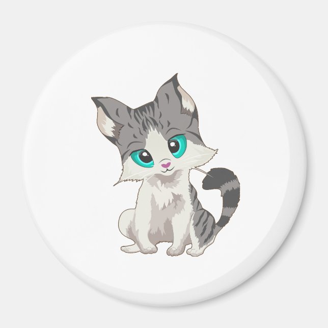 Grått- OCH BEIGE LITTLE KITTEN MED BLUE ÖGA Magnet (Framsidan)