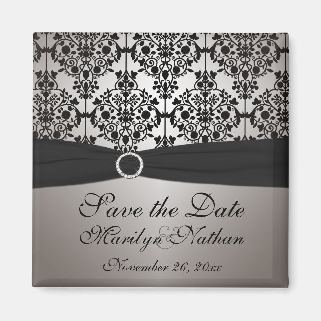 Grått- och Black Damask Wedding Favor Magnet (Framsidan)