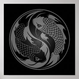 Grått och Black Yin Yang Koi Fish Poster