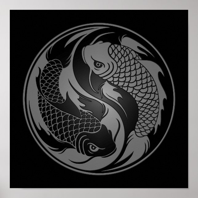 Grått och Black Yin Yang Koi Fish Poster (Framsidan)
