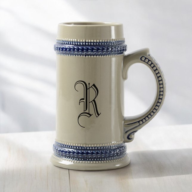 Grått och blått keramiskt ölstav med Anpassningsba Sejdel (MISOOK Grey Beer Stein with Initial)