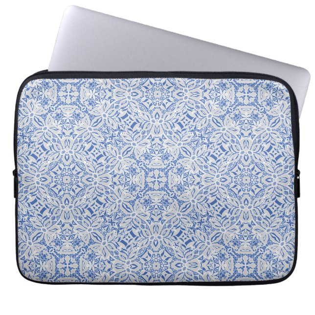 Grått och blått öppenstickat spetsmönster vintage laptop fodral (Framsidan)