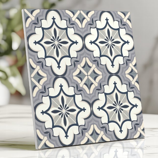 Grått och Cream Geometric Blommigt Kakelplatta (Skapare uppladdad)