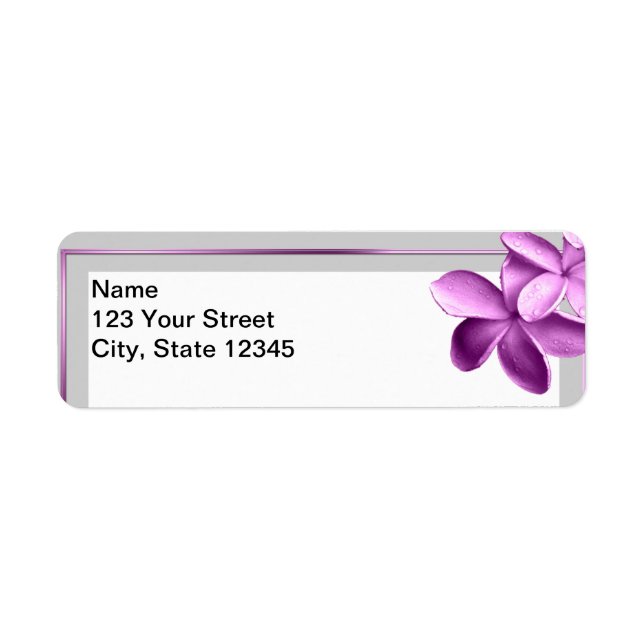 Grått och Eggplant Plumeria Returadress Etikett (Framsidan)