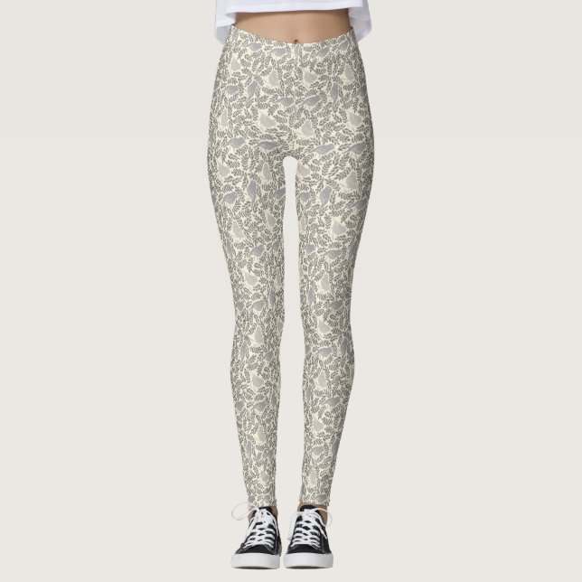 Grått och elfenbensfärgat fågelmönster leggings (Framsida)