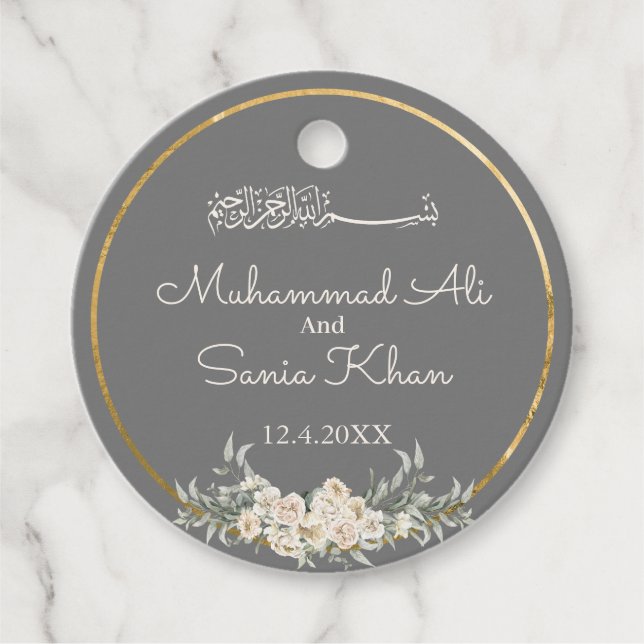 Grått och Guld Blommigt Islamiska muslimska Bröllo Gåvor Etiketter (Framsida)