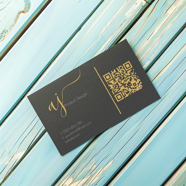 Grått och guld monogram QR-affärskort Visitkort (Grey and gold coloured monogram QR code business card with space for your own QR code.)