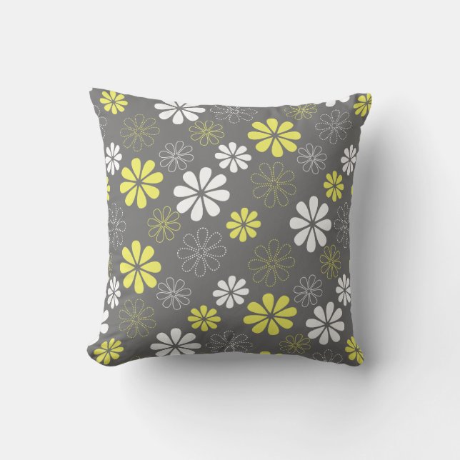 Grått och gult blommönster kudde (Framsida)