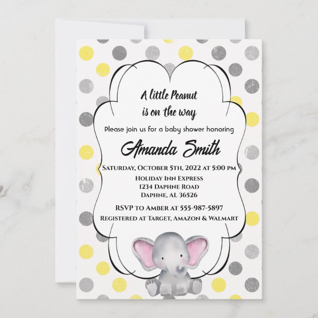 Grått och Gult Elephant Polka Dot Baby Shower Inbjudningar (Framsida)