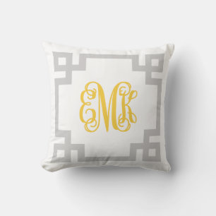 Grått och Gult grekiska Nyckel-skript, Monogram Kudde