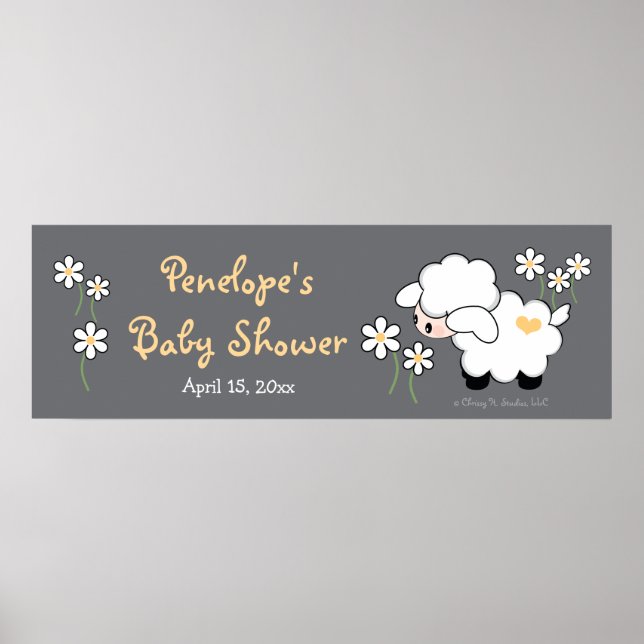 Grått och Gult Heart Lamb Baby Shower Poster (Framsidan)