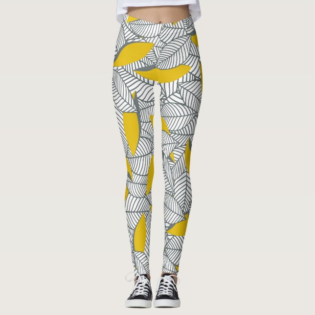 Grått och gult löv mönster. leggings (Framsida)