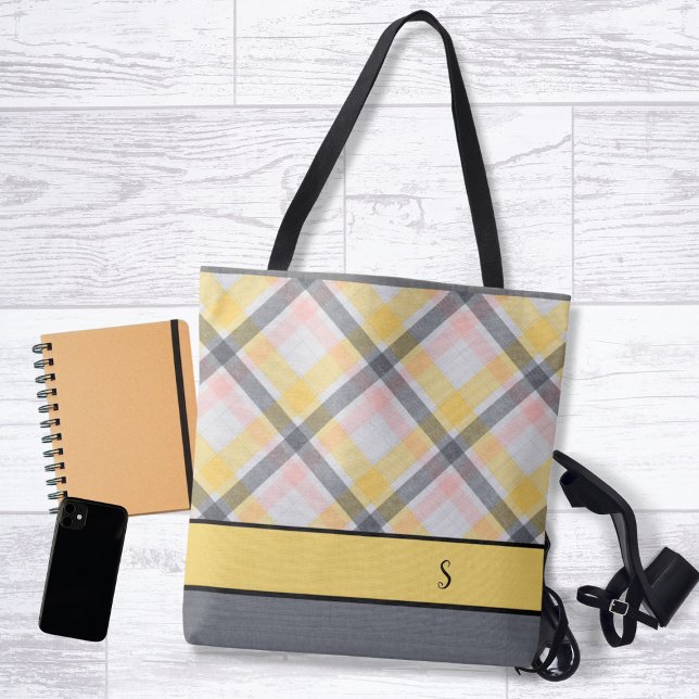 Grått- och Gult-Play Monogram Tote Bag Tygkasse (Skapare uppladdad)