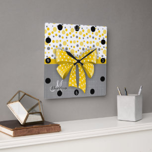 Grått och Gult Polka dots, Sunny Gult Ribbon Fyrkantig Klocka