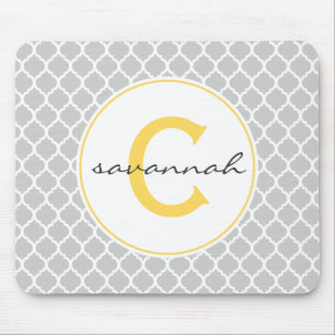 Grått och Gult Quatrefoil Monogram Musmatta