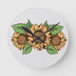 Grått och Gult Solrosluss Rund Klocka