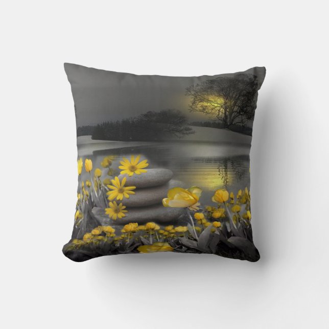 Grått- och gult- tulpaner, daisy med solnedgång kudde (Framsida)