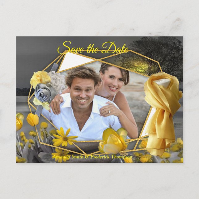 Grått- och gult- tulpaner, daisy med solnedgång meddelande vykort (Framsida)