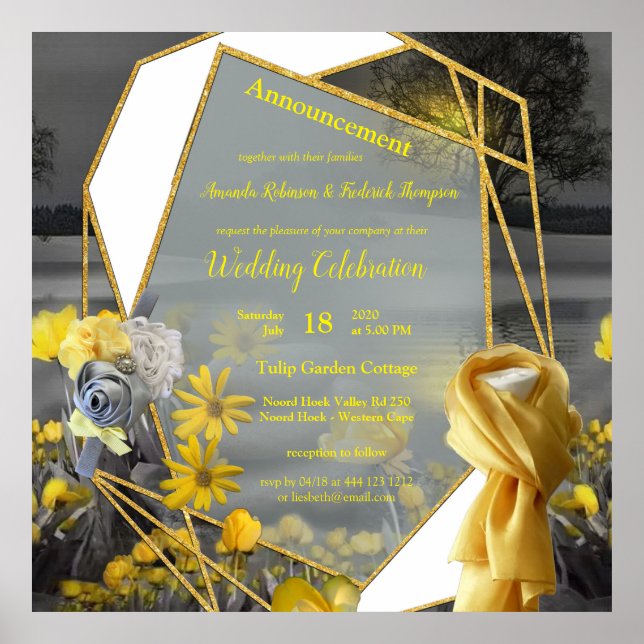 Grått- och gult- tulpaner, daisy med solnedgång poster (Framsidan)